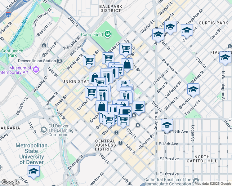 map of restaurants, bars, coffee shops, grocery stores, and more near 1899-1801 Arapahoe Street in Denver