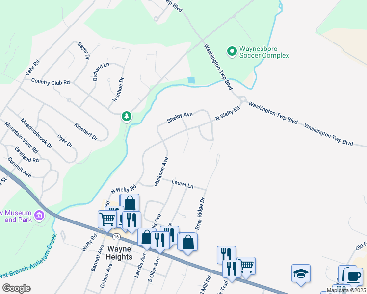 map of restaurants, bars, coffee shops, grocery stores, and more near 11403 North Landis Avenue in Waynesboro