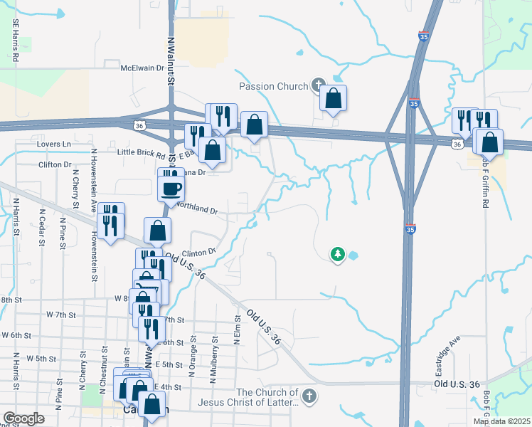 map of restaurants, bars, coffee shops, grocery stores, and more near 636 Northland Drive in Cameron
