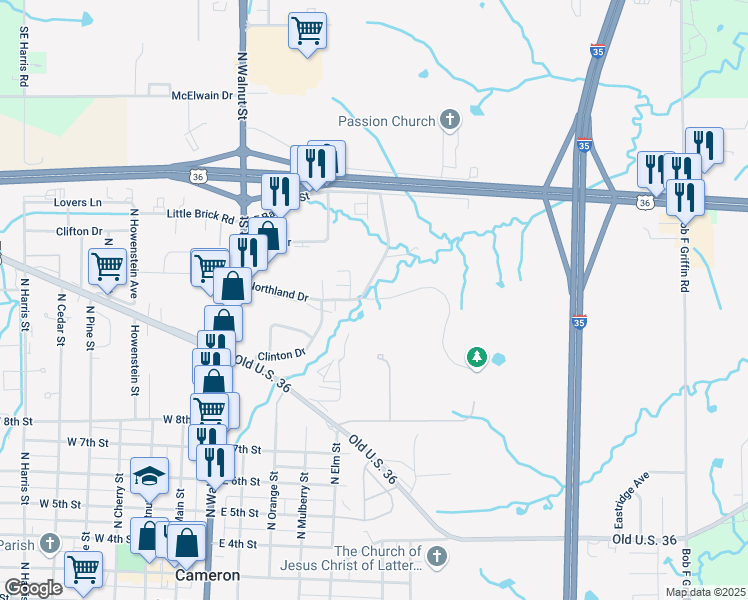 map of restaurants, bars, coffee shops, grocery stores, and more near 636 Northland Drive in Cameron