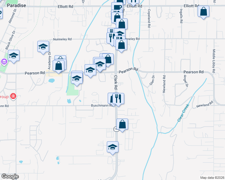 map of restaurants, bars, coffee shops, grocery stores, and more near 5647 Clark Road in Paradise