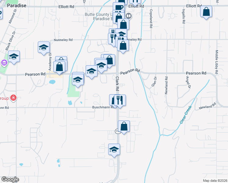 map of restaurants, bars, coffee shops, grocery stores, and more near 5645 Clark Road in Paradise