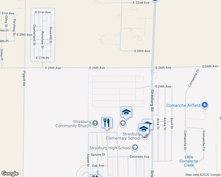 map of restaurants, bars, coffee shops, grocery stores, and more near 56394 East 24th Avenue in Strasburg