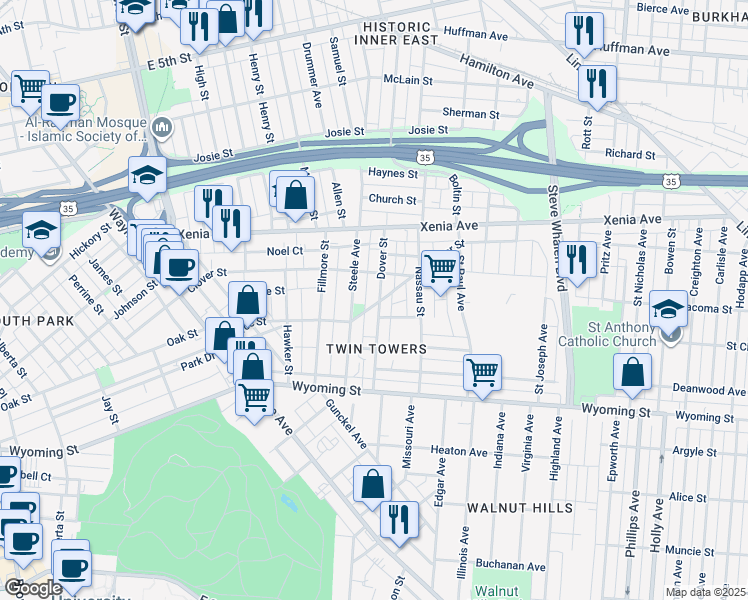 map of restaurants, bars, coffee shops, grocery stores, and more near 97 Dover Street in Dayton