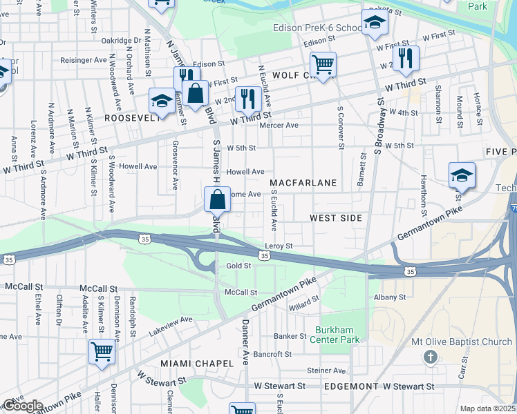 map of restaurants, bars, coffee shops, grocery stores, and more near 29 Elwood Street in Dayton