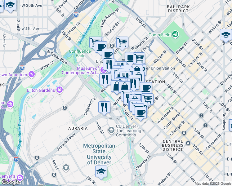 map of restaurants, bars, coffee shops, grocery stores, and more near 1404 Wynkoop Street in Denver