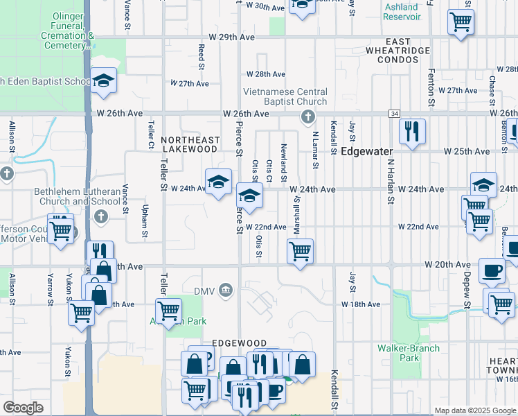 map of restaurants, bars, coffee shops, grocery stores, and more near 6705 West 22nd Avenue in Edgewater
