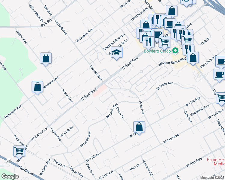 map of restaurants, bars, coffee shops, grocery stores, and more near 2413 Holly Avenue in Chico