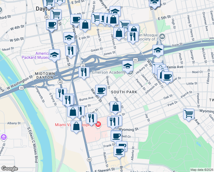 map of restaurants, bars, coffee shops, grocery stores, and more near 217 Burns Avenue in Dayton