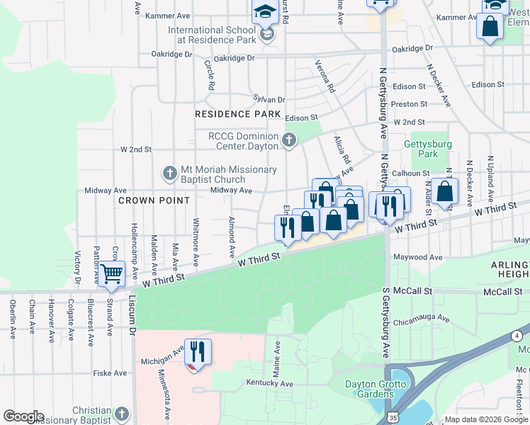 map of restaurants, bars, coffee shops, grocery stores, and more near 211 Geneva Road in Dayton