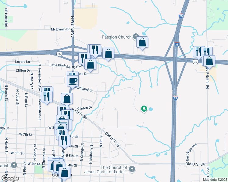 map of restaurants, bars, coffee shops, grocery stores, and more near 636 Northland Drive in Cameron