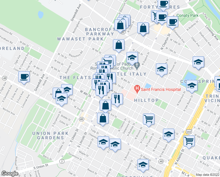 map of restaurants, bars, coffee shops, grocery stores, and more near 1841 West 6th Street in Wilmington