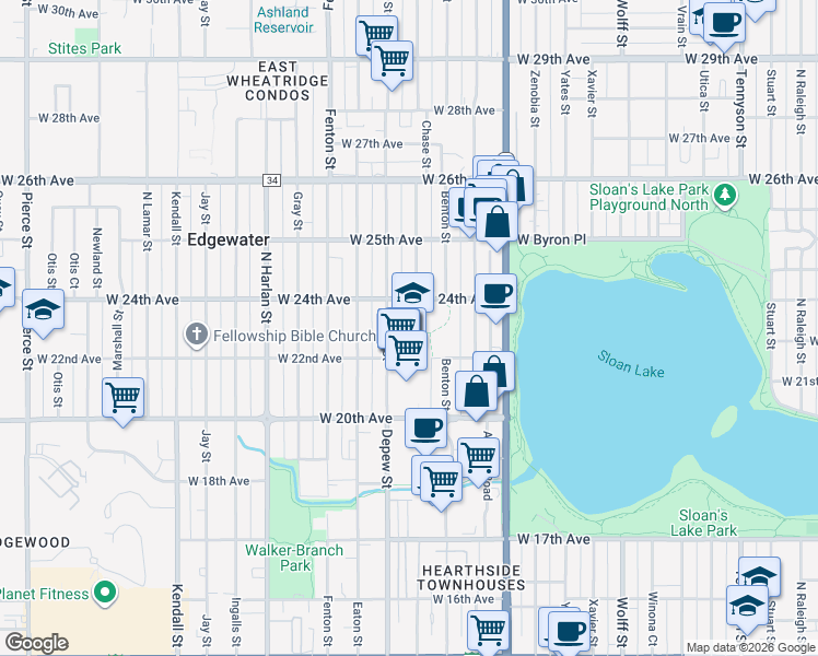 map of restaurants, bars, coffee shops, grocery stores, and more near 5570 West 24th Avenue in Edgewater