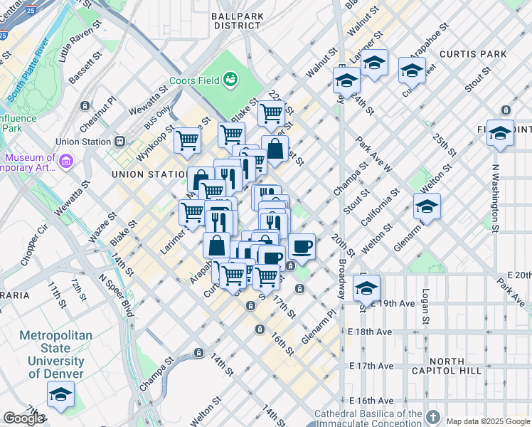 map of restaurants, bars, coffee shops, grocery stores, and more near 1880 Arapahoe Street in Denver