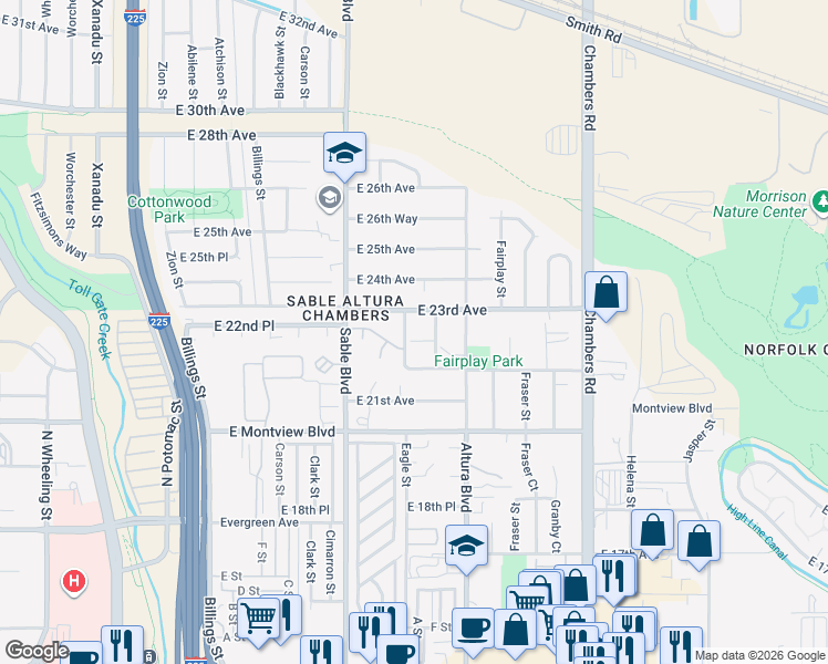 map of restaurants, bars, coffee shops, grocery stores, and more near 2234 Eagle Street in Aurora