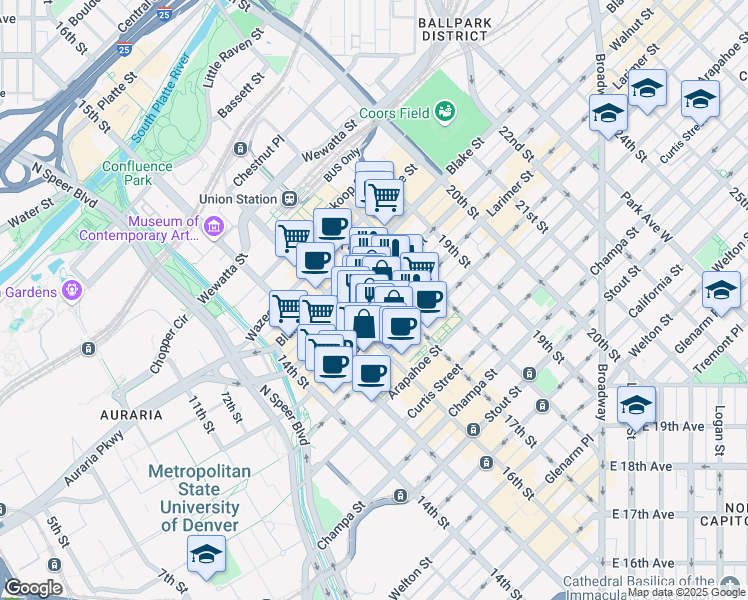 map of restaurants, bars, coffee shops, grocery stores, and more near 1645 Larimer Street in Denver