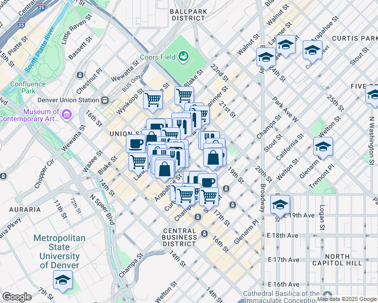 map of restaurants, bars, coffee shops, grocery stores, and more near 1800 Lawrence Street in Denver