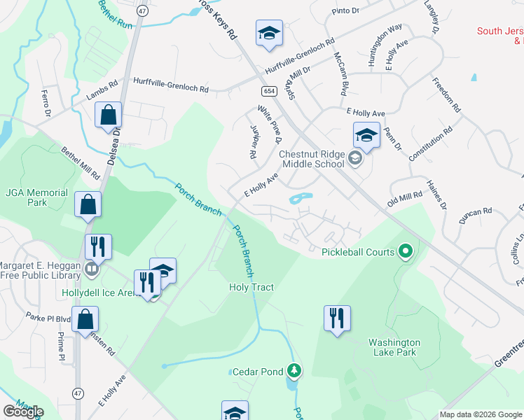 map of restaurants, bars, coffee shops, grocery stores, and more near 106 Covered Bridge Court in Washington Township