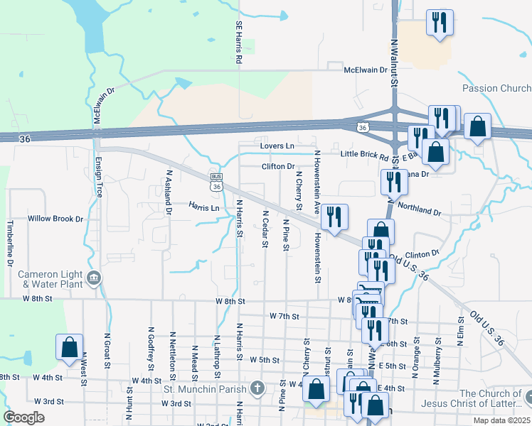 map of restaurants, bars, coffee shops, grocery stores, and more near 1103 North Cedar Street in Cameron