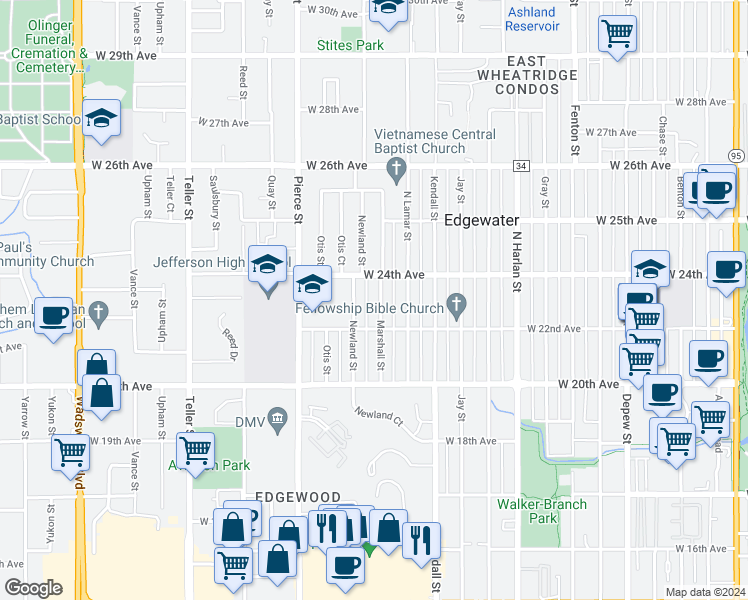map of restaurants, bars, coffee shops, grocery stores, and more near 2245 Marshall Street in Edgewater