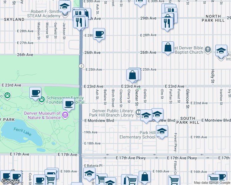 map of restaurants, bars, coffee shops, grocery stores, and more near 2241 Clermont Street in Denver