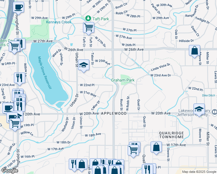 map of restaurants, bars, coffee shops, grocery stores, and more near 2165 Tabor Drive in Lakewood