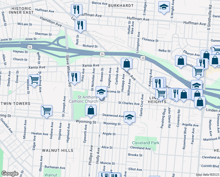 map of restaurants, bars, coffee shops, grocery stores, and more near 702 Creighton Avenue in Dayton