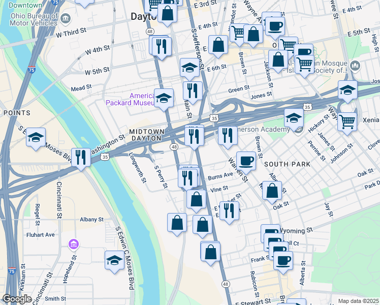 map of restaurants, bars, coffee shops, grocery stores, and more near 605 South Patterson Boulevard in Dayton