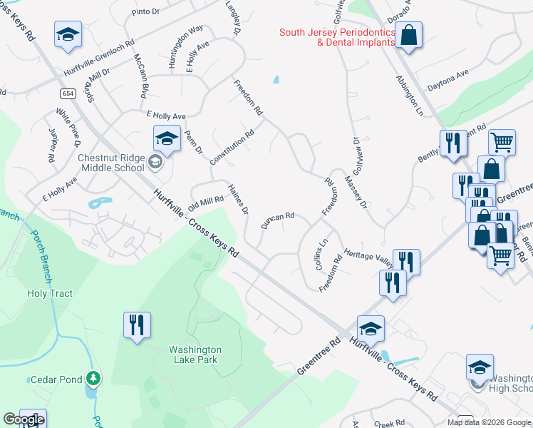 map of restaurants, bars, coffee shops, grocery stores, and more near 26 Duncan Road in Washington Township