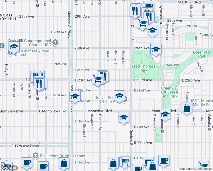 map of restaurants, bars, coffee shops, grocery stores, and more near 2211 Olive Street in Denver