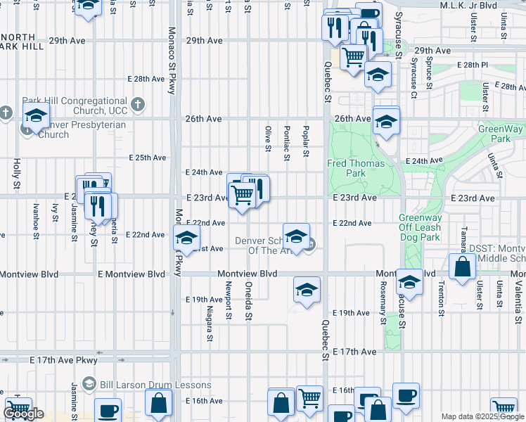 map of restaurants, bars, coffee shops, grocery stores, and more near 2211 Olive Street in Denver