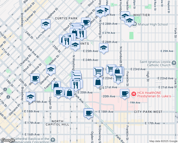 map of restaurants, bars, coffee shops, grocery stores, and more near 2225 Emerson Street in Denver