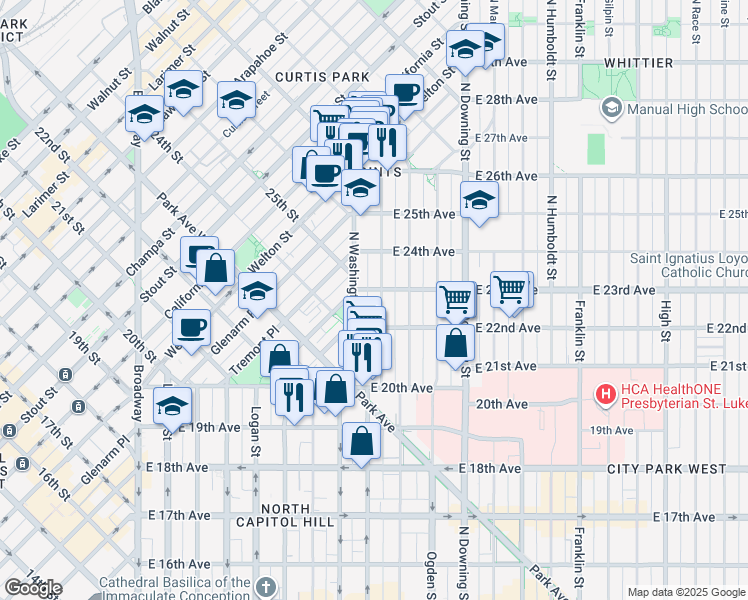 map of restaurants, bars, coffee shops, grocery stores, and more near 2227 North Clarkson street in Denver