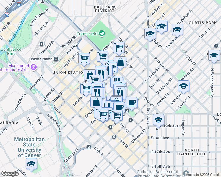 map of restaurants, bars, coffee shops, grocery stores, and more near 1899-1801 Arapahoe Street in Denver