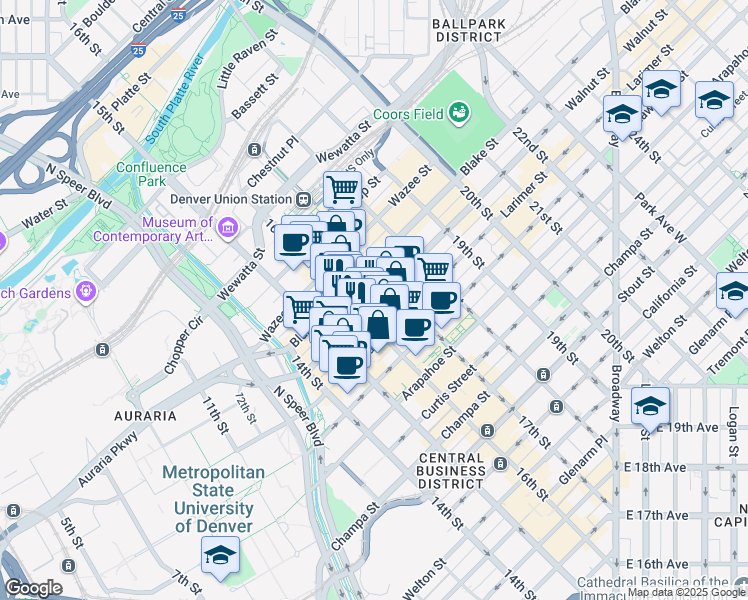 map of restaurants, bars, coffee shops, grocery stores, and more near 1625 Market Street in Denver