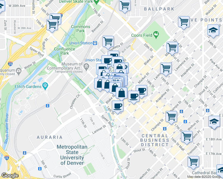 map of restaurants, bars, coffee shops, grocery stores, and more near in Denver