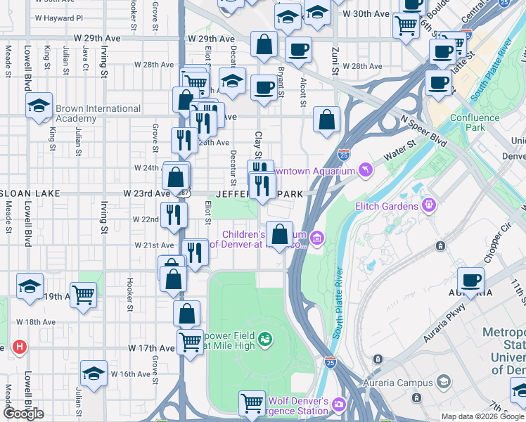 map of restaurants, bars, coffee shops, grocery stores, and more near 2718 West 22nd Avenue in Denver