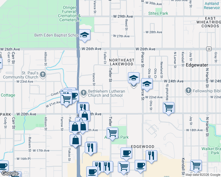 map of restaurants, bars, coffee shops, grocery stores, and more near 2276 Teller Street in Lakewood