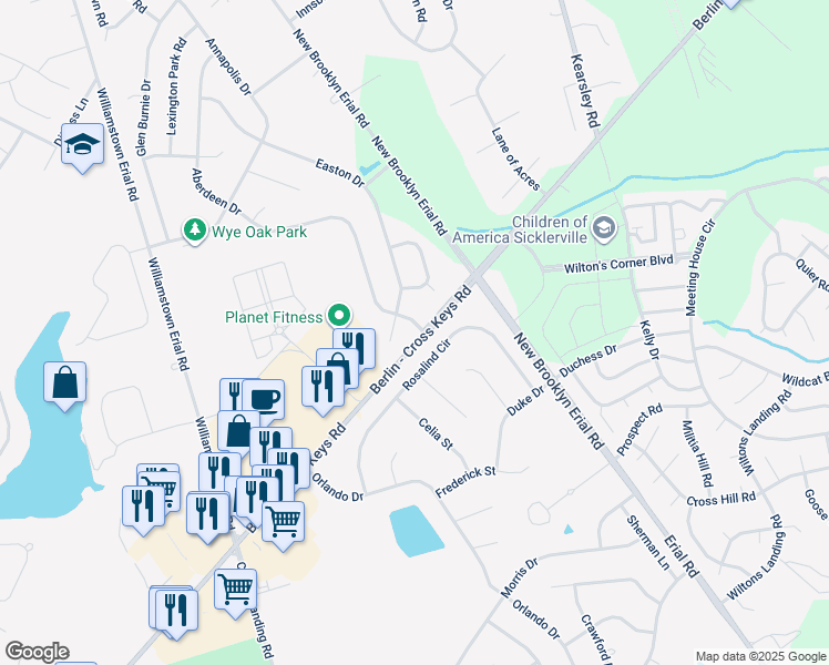 map of restaurants, bars, coffee shops, grocery stores, and more near 42 Rosalind Circle in Sicklerville