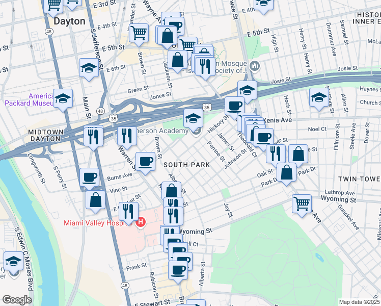 map of restaurants, bars, coffee shops, grocery stores, and more near in Dayton
