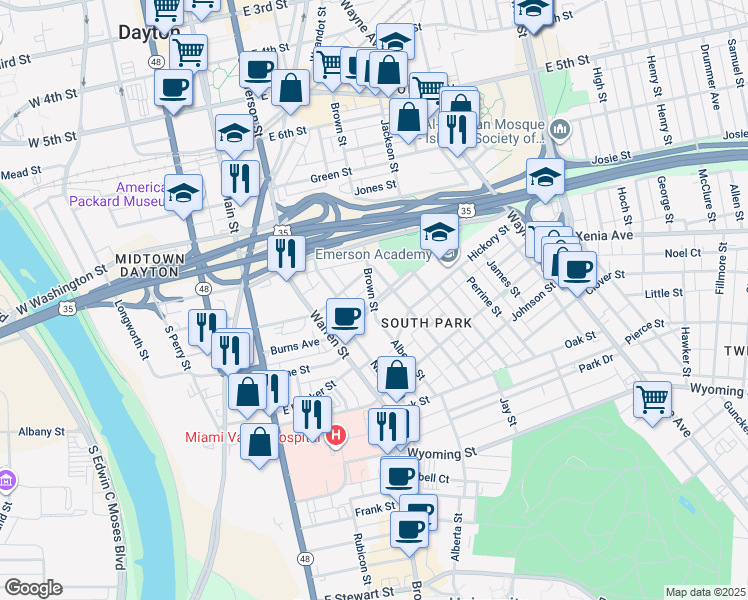 map of restaurants, bars, coffee shops, grocery stores, and more near 217 Burns Avenue in Dayton