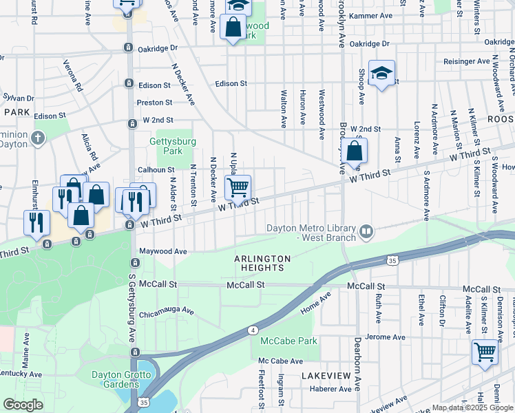map of restaurants, bars, coffee shops, grocery stores, and more near 19 South Halloway Street in Dayton