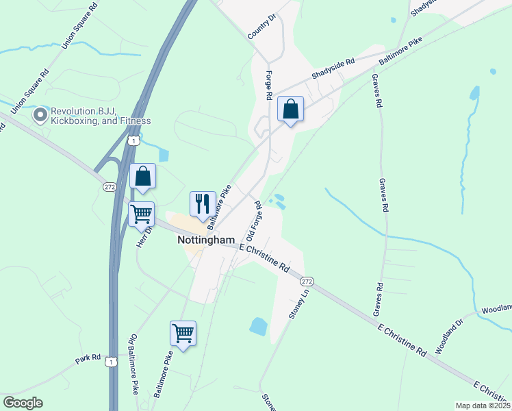 map of restaurants, bars, coffee shops, grocery stores, and more near 53 Old Forge Road in Nottingham