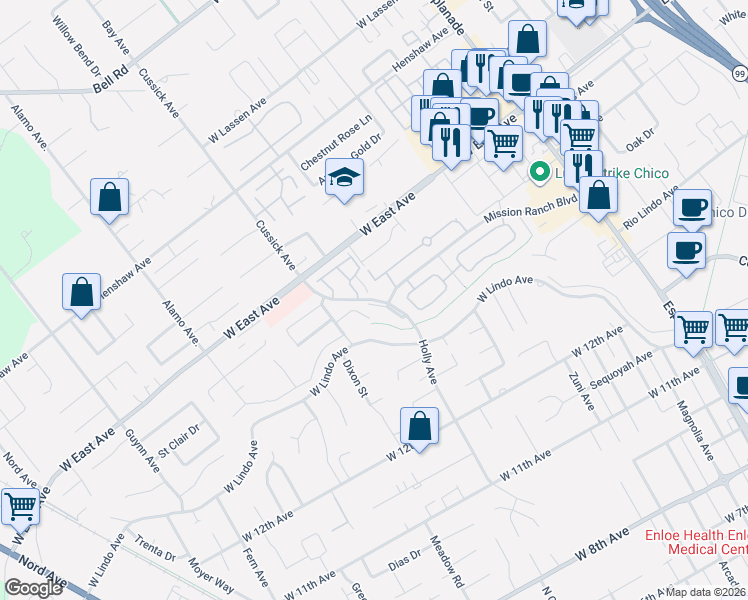 map of restaurants, bars, coffee shops, grocery stores, and more near 2353 Holly Avenue in Chico
