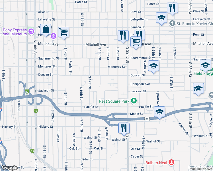 map of restaurants, bars, coffee shops, grocery stores, and more near 1901 Jackson Street in Saint Joseph