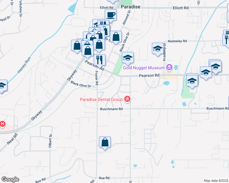 map of restaurants, bars, coffee shops, grocery stores, and more near 5609 Sierra Park Drive in Paradise