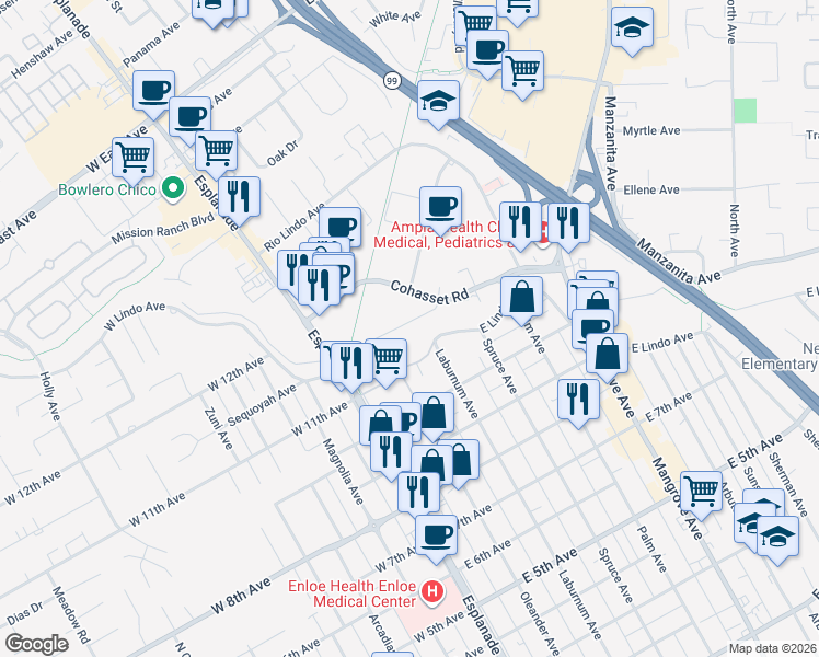 map of restaurants, bars, coffee shops, grocery stores, and more near 261 Cohasset Lane in Chico