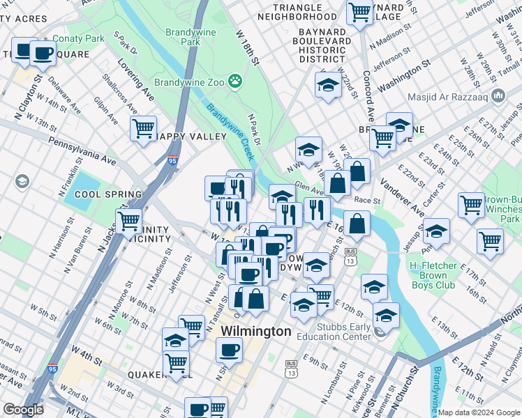 map of restaurants, bars, coffee shops, grocery stores, and more near 229 West 14th Street in Wilmington