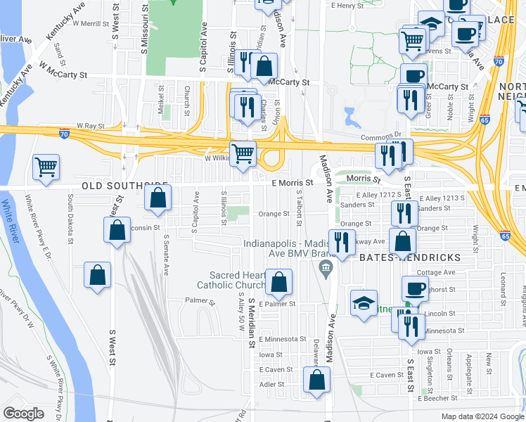 map of restaurants, bars, coffee shops, grocery stores, and more near 18 Orange Street in Indianapolis