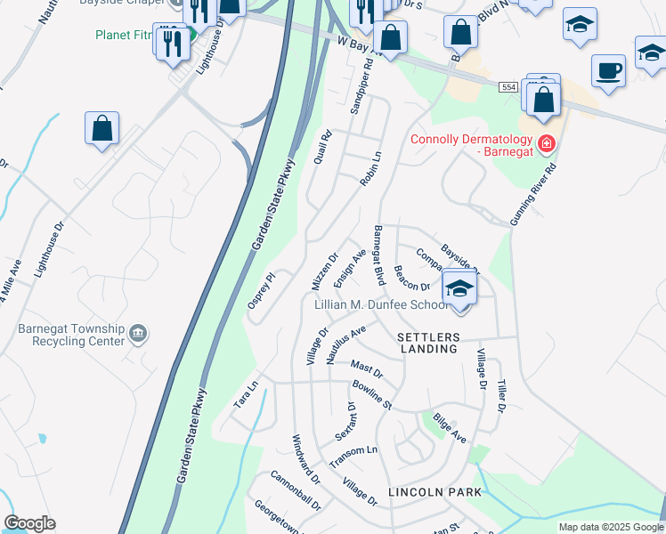 map of restaurants, bars, coffee shops, grocery stores, and more near 26 Mizzen Drive in Barnegat Township